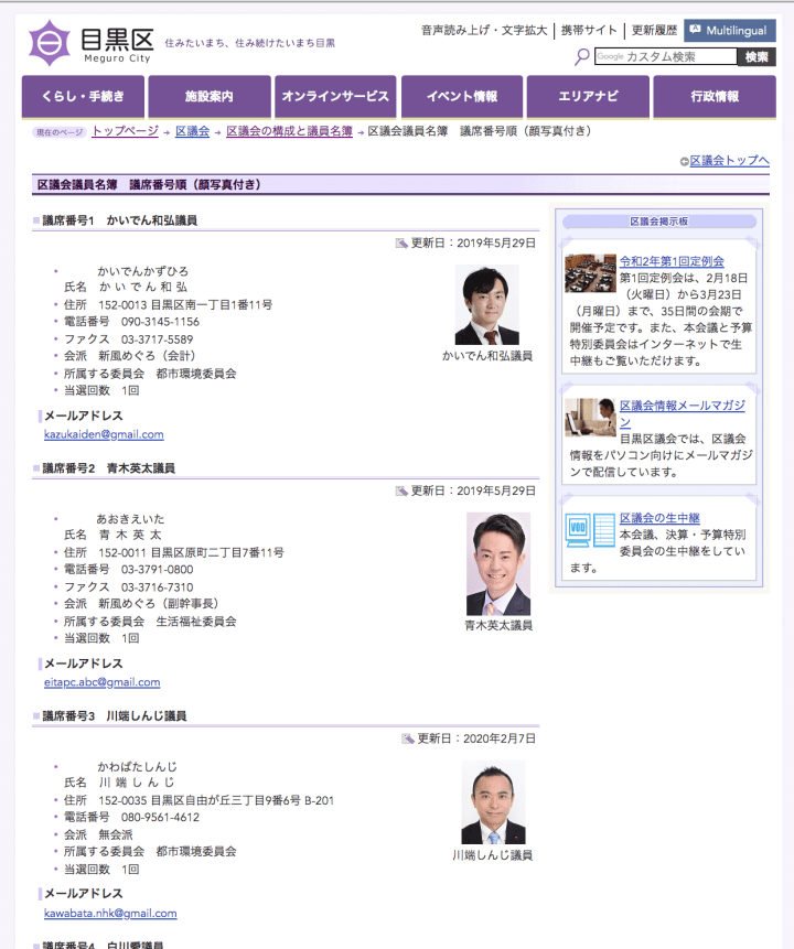 The legislator listing for Meguro Ward.