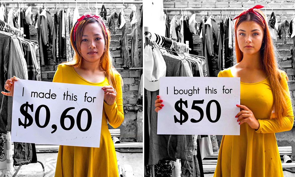 A garment worker holding a sign reading "I made this for $0.60" and wearing a yellow top
A consumer holding a sign reading "I bought this for $50" and wearing the same yellow top
