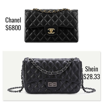 Picture of Chanel black crossbody bag and a duplicate black crossbody bag from Shein