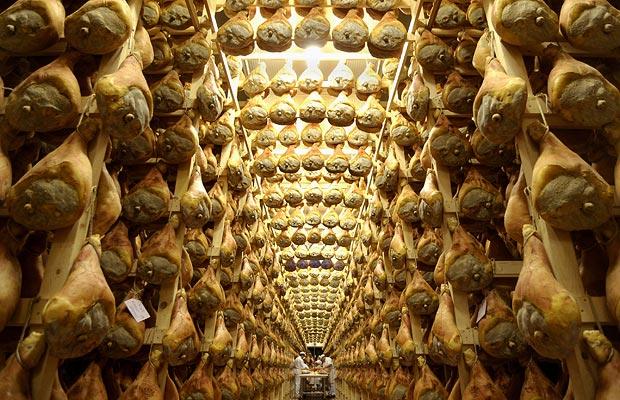Rows upon rows of prosciutto.