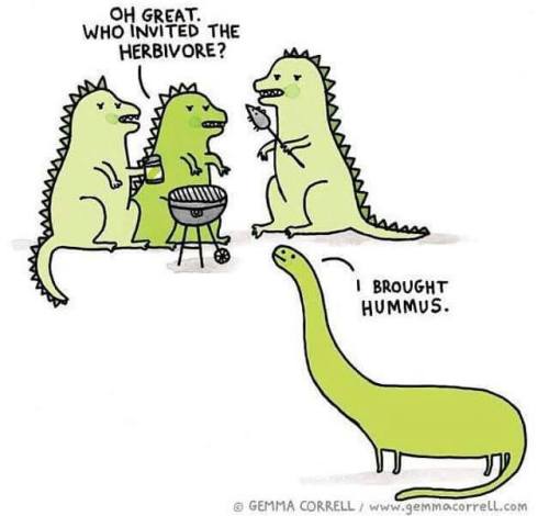 Dinosaur gathering, "Oh great. Who invite the herbivore?"