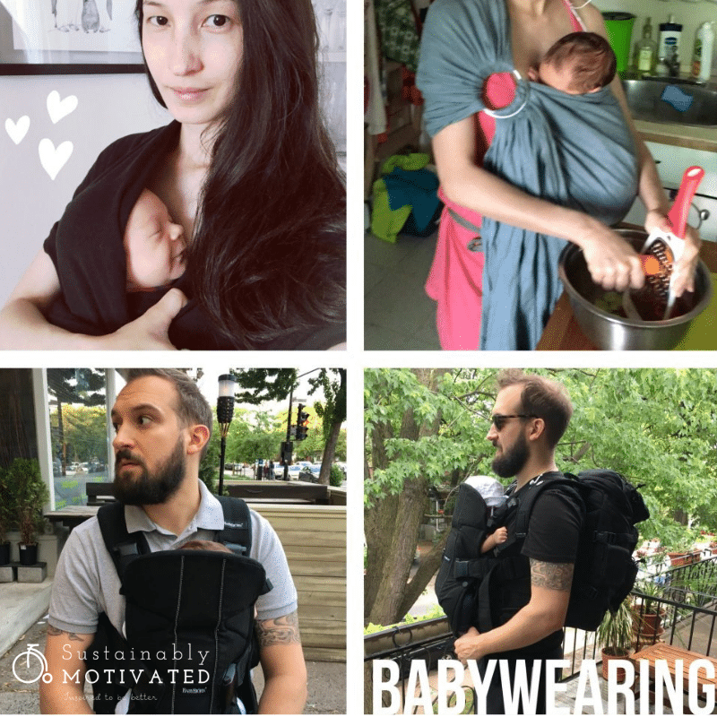 My husband & I babywearing our newborn in various carriers.