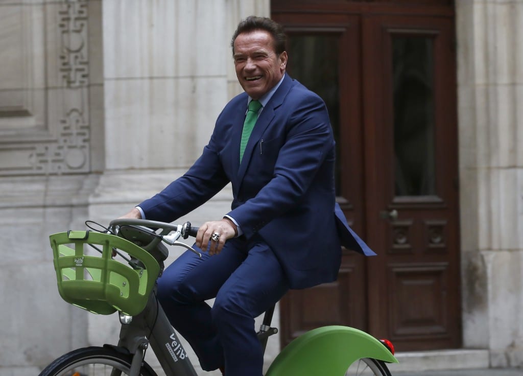 Former California Governor Arnold Schwarzenegger seen here on his bike share after recently recovering from heart surgery. 